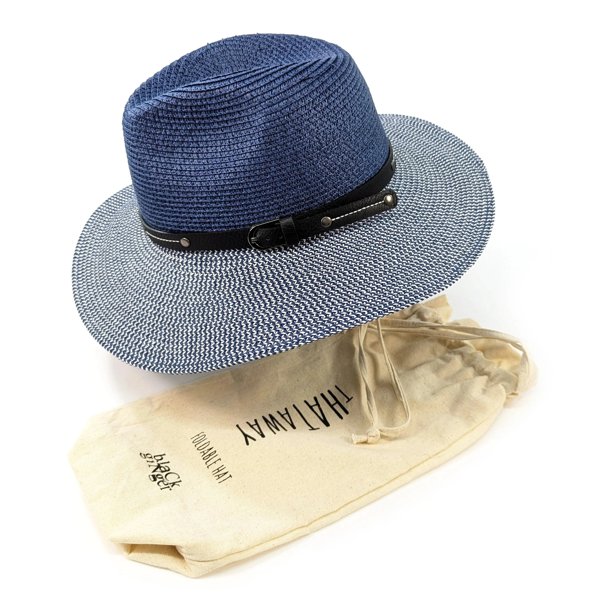 Black Ginger Panama Hat Foldable Roll Up Travel Bag Mottled Blue Belt GatleyGirl